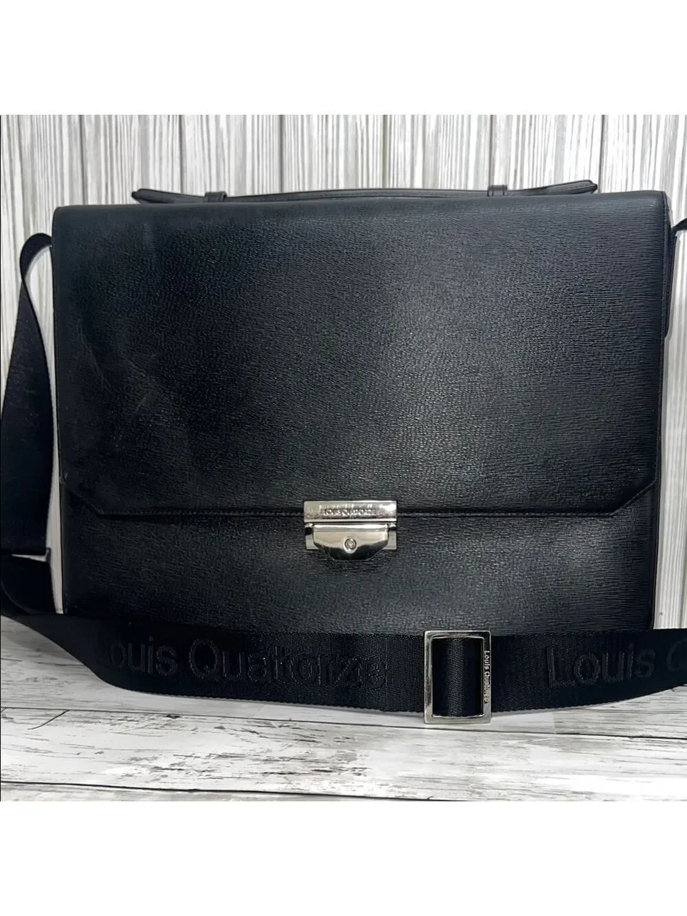 Louis Quatorze Black Leather Messenger Bag Crossbody Briefcase Satchel Laptop Wo